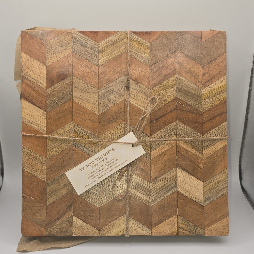 Wood Parquet Pattern Square‎ Trivet Set of 2 Natural Finish Brown Tones